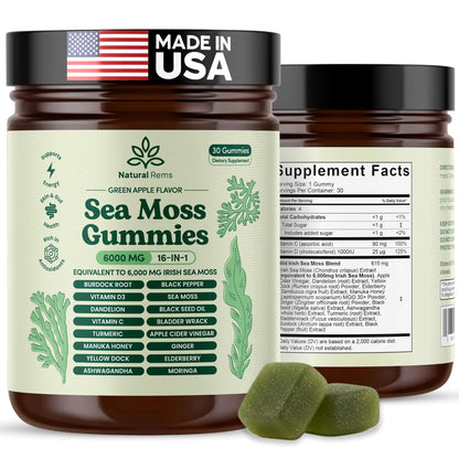 Natural Rems Sea Moss Gummies 16-in-1 - Ashwagandha Black Seed Oil Bladder Wrack Turmeric Vitamin C & D3 with Manuka Burdock Root Dandelion Yellow Natural Rems