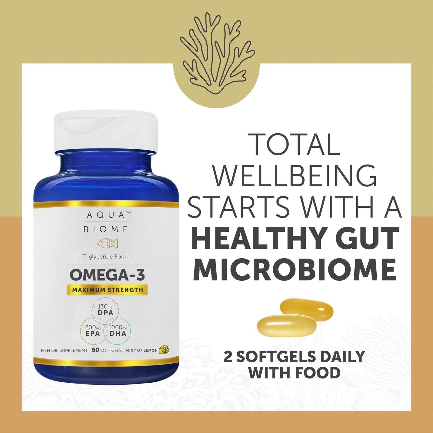 Aqua Biome by Enzymedica Omega 3 Fish Oil Maximum Strength - 120 Softgels | Fish Oil Omega 3 Fatty Acid Supplement for Women & Men, Source of DPA, EPA, & DHA, Heart & Brain Health Support, Gluten Free Gsupps Australia