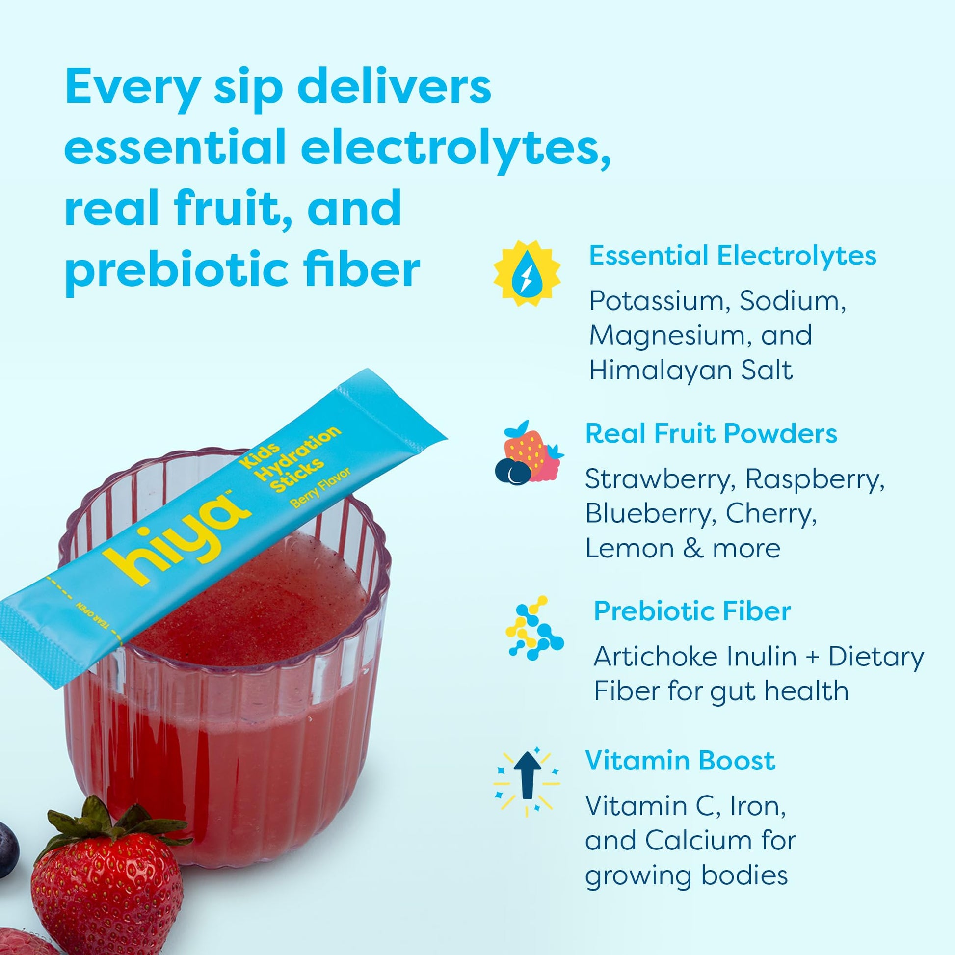 Hiya Kids Hydration with Electrolytes - Zero Added Sugar Berry Flavored Kids Hydration Packets - 15 Sticks - Travel-Friendly Drink Mix for Children Ages 2+ HIYA buy australia supplements