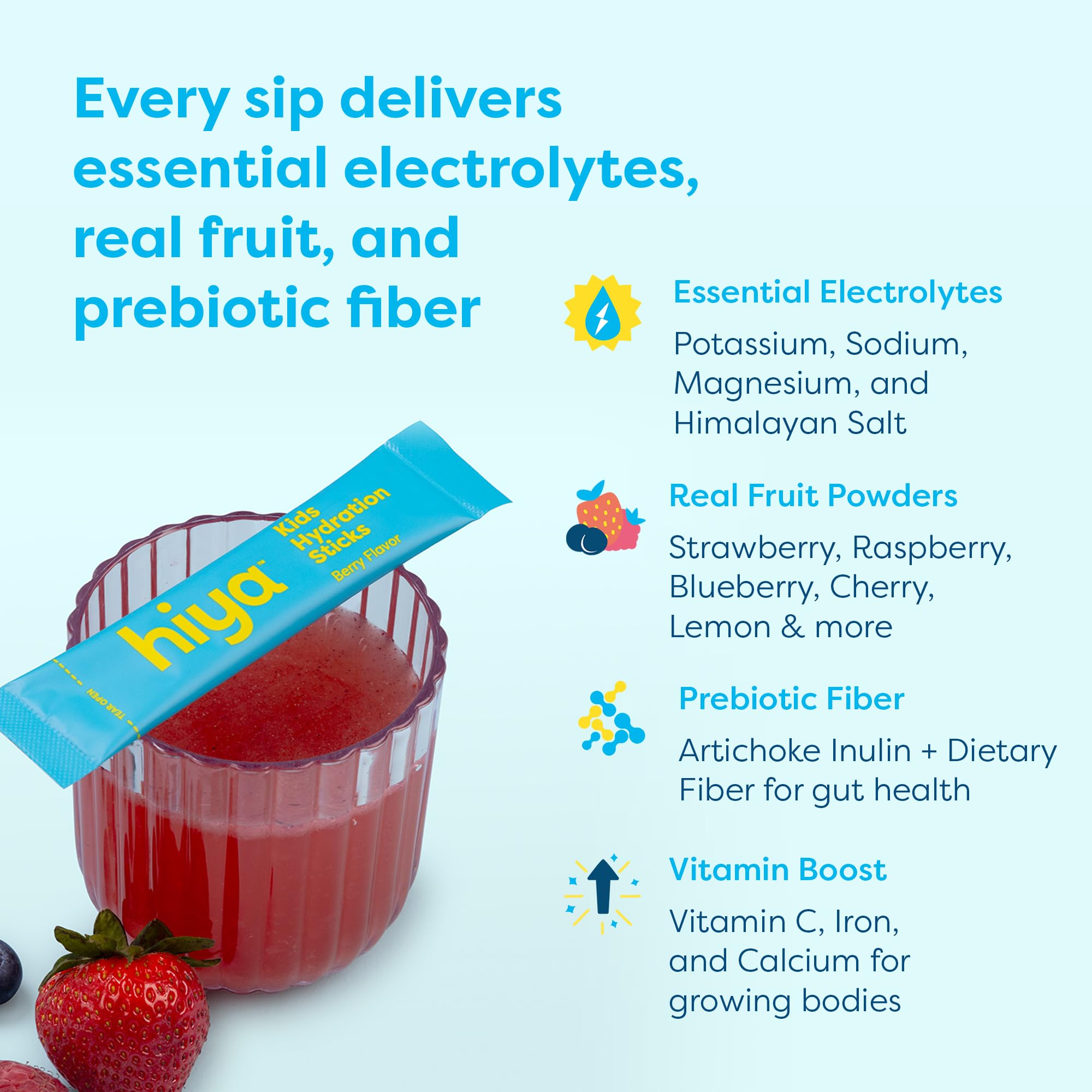 Hiya Kids Hydration with Electrolytes - Zero Added Sugar Berry Flavored Kids Hydration Packets - 15 Sticks - Travel-Friendly Drink Mix for Children Ages 2+ HIYA buy australia supplements