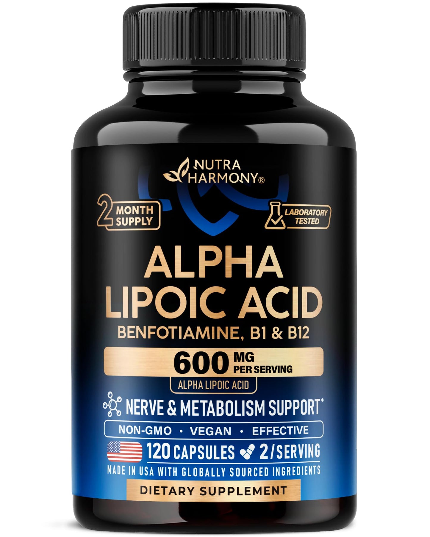Alpha Lipoic Acid 600mg - ALA Supplement Antioxidant for Nerve, Energy & Metabolism Support - Extra Strength with Benfotiamine, B1 & B12 - Lab Tested, NON-GMO & Vegan NUTRAHARMONY