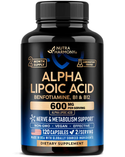 Alpha Lipoic Acid 600mg - ALA Supplement Antioxidant for Nerve, Energy & Metabolism Support - Extra Strength with Benfotiamine, B1 & B12 - Lab Tested, NON-GMO & Vegan NUTRAHARMONY