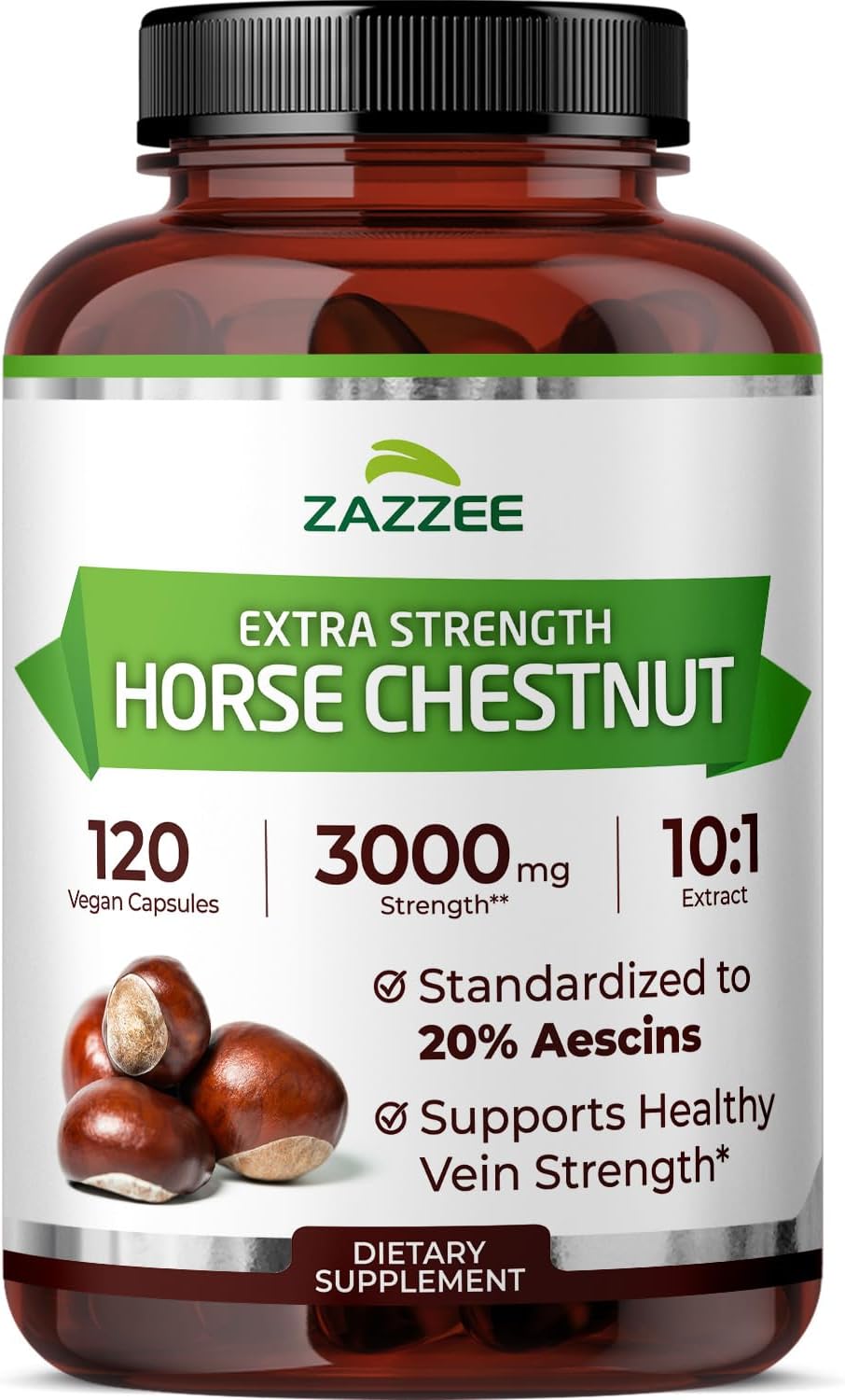 Zazzee Extra Strength Horse Chestnut 10:1 Extract, 20% Aescins, Vegan | 120 Capsules, 4 Month Supply, Aesculus Hippocastanum, Healthy Circulation & Blood Flow Support, Non-GMO, Made in the USA Gsupps Australia