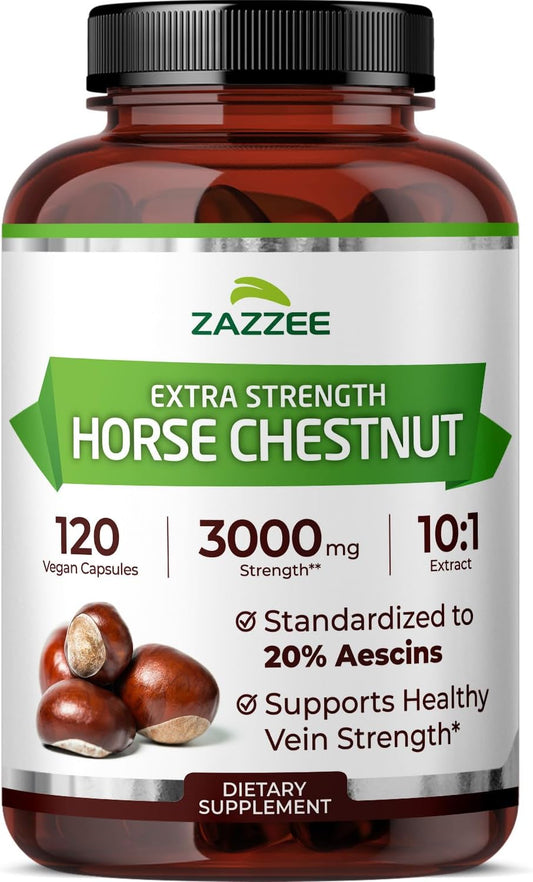 Zazzee Extra Strength Horse Chestnut 10:1 Extract, 20% Aescins, Vegan | 120 Capsules, 4 Month Supply, Aesculus Hippocastanum, Healthy Circulation & Blood Flow Support, Non-GMO, Made in the USA Gsupps Australia