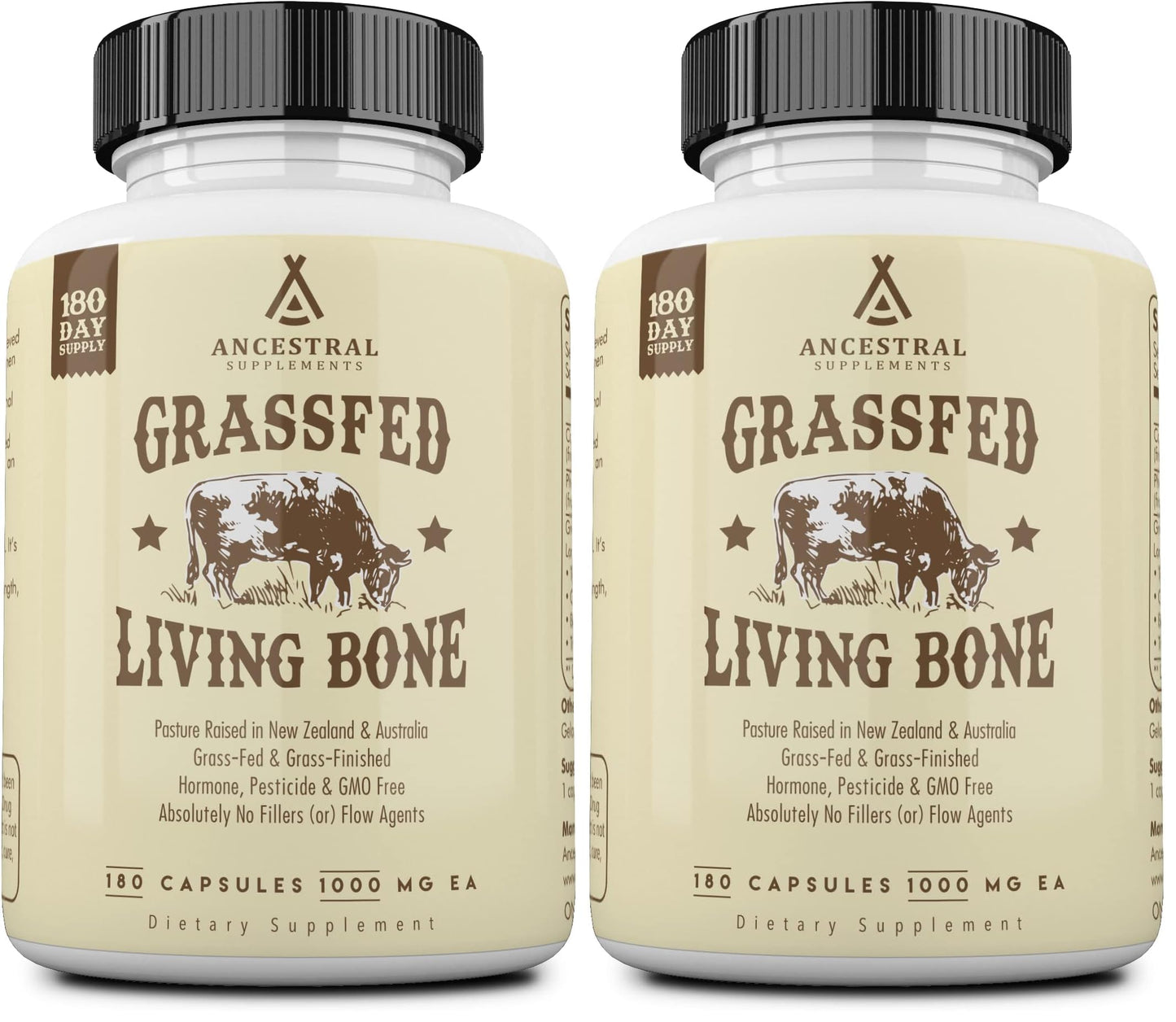 Ancestral Supplements Grass Fed Beef Living Bone Supplement, Bone Meal Capsules Support Bone Health, Oral and Joint Health and Flexibility, Non-GMO, 180 Capsules