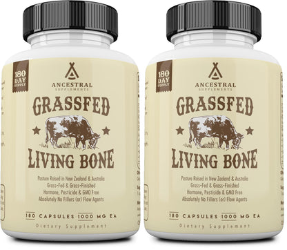 Ancestral Supplements Grass Fed Beef Living Bone Supplement, Bone Meal Capsules Support Bone Health, Oral and Joint Health and Flexibility, Non-GMO, 180 Capsules