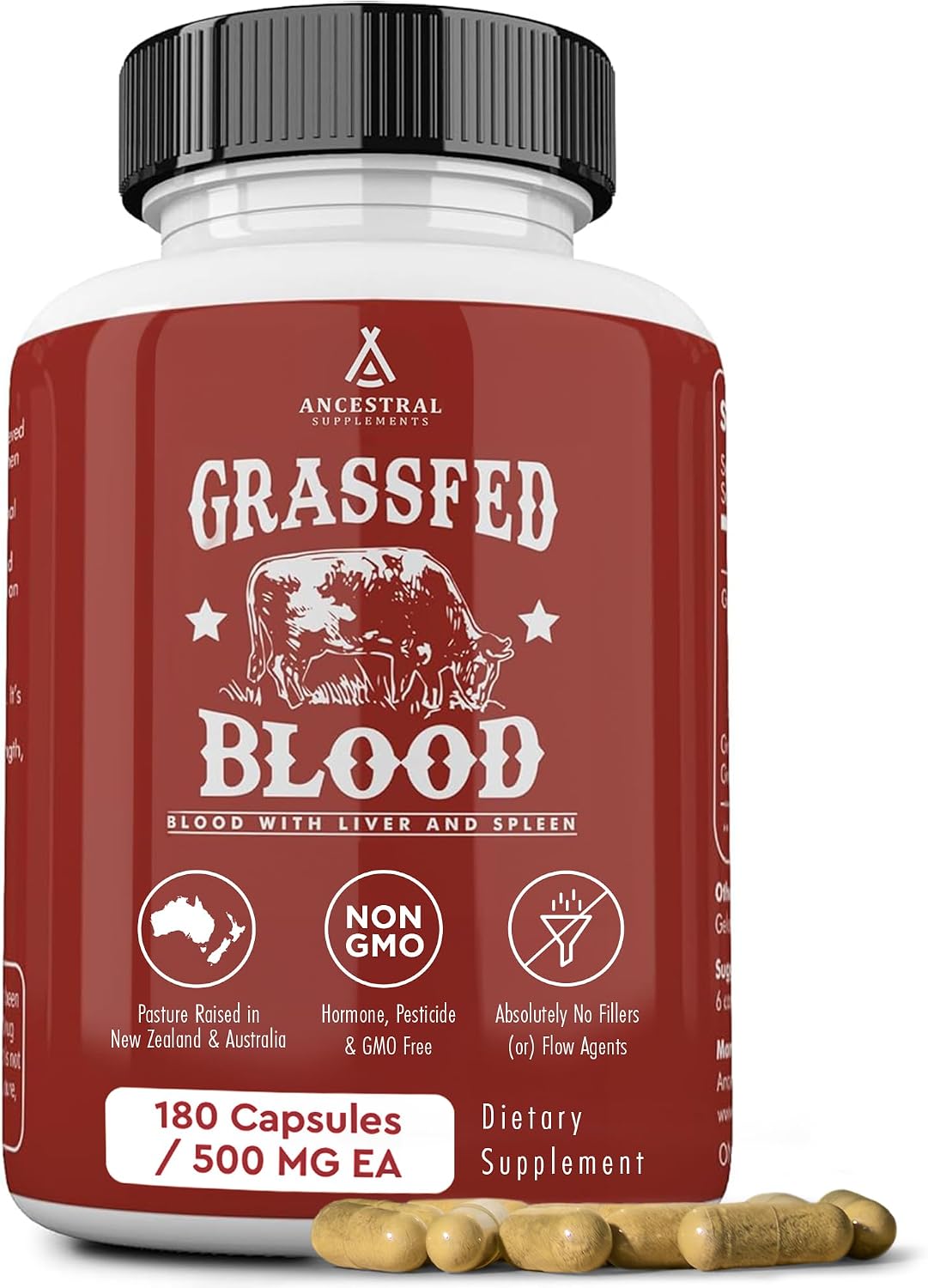 Ancestral Supplements Grass Fed Blood is Blood, Liver & Spleen Formula, 500mg, Grass Fed Beef Supplement, Red & White Blood Cell Formation, Immune and Heart Health Support, Non GMO, 180 Capsules
