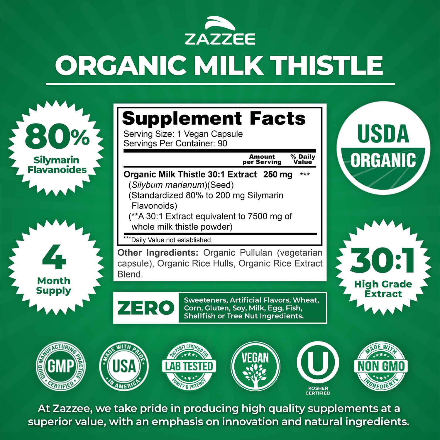 Zazzee USDA Organic Milk Thistle 30:1 Extract, 80% Silymarin, 120 Capsules | Vegan, 4 Month Supply, Certified Kosher, High Potency Liver & Antioxidant Support, Silybum Marianum, Non-GMO, Made in the USA Gsupps Australia