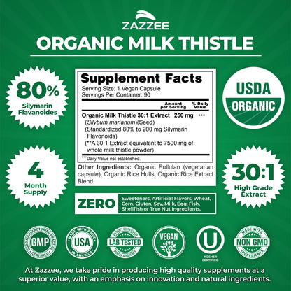 Zazzee USDA Organic Milk Thistle 30:1 Extract, 80% Silymarin, 120 Capsules | Vegan, 4 Month Supply, Certified Kosher, High Potency Liver & Antioxidant Support, Silybum Marianum, Non-GMO, Made in the USA Gsupps Australia