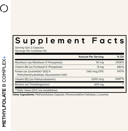 Codeage Methylfolate B Complex Supplements - 5 MTHF, Methylcobalamin 1000mcg Methylated Vitamin B12, Riboflavin, Betaine, Vitamins B6, Methylation Cycle MTHFR - 2 Months - 120 Capsules