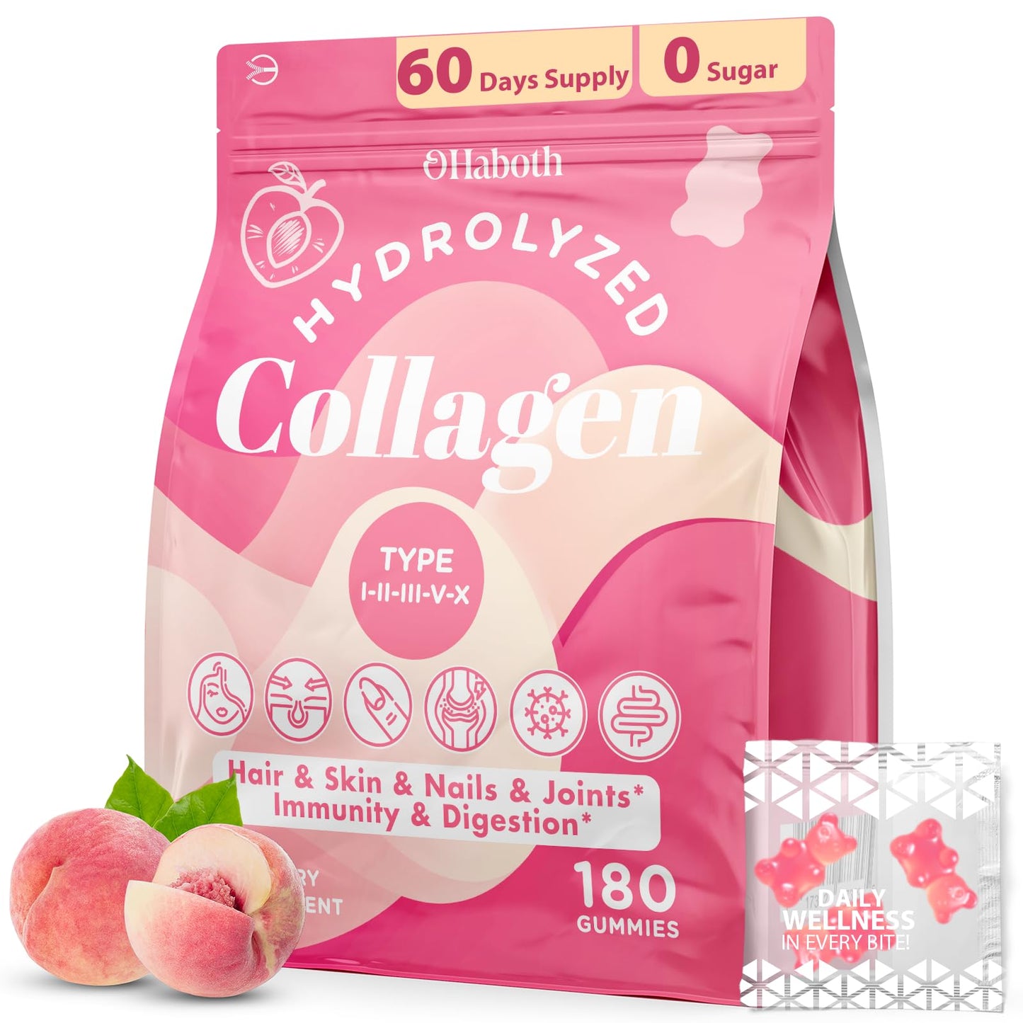 OHaboth Collagen Gummies for Women, Hydrolyzed Collagen Peptides Type I, II, III, V, X, 0 Sugar - Collagen Gummies for Skin, Wrinkles, Hair, Nails OHaboth