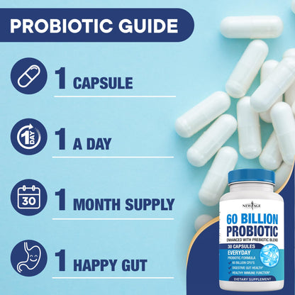 Probiotics 60 Billion CFU with Prebiotic Formula - Probiotics for Women and Men and Adults, 100% Natural Digestive Enzymes, NEW AGE