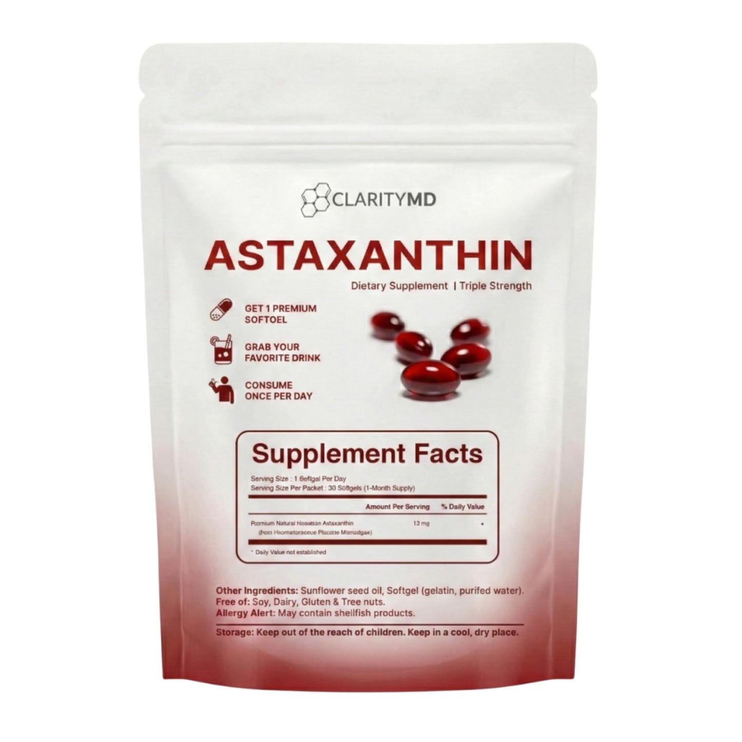 ClarityMD Astaxanthin 12mg Antioxidants Supplement – Natural Microalgae Source – Lipid-Based Softgel for Enhanced Absorption – Cognitive ClarityMD
