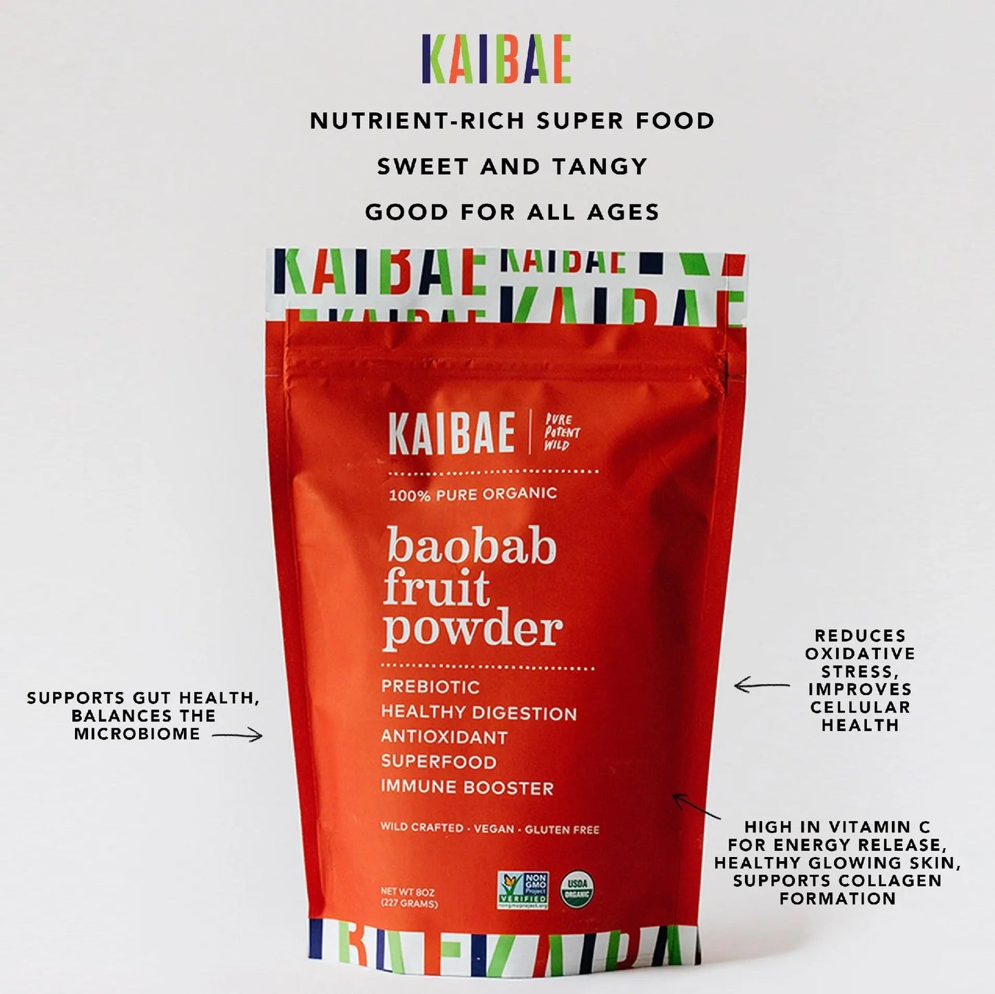 KAIBAE Premium Organic Baobab Powder | Prebiotic Fiber Superfood for Gut & Metabolic Health | Vitamin C + Polyphenols | Gluten-Free, Non-GMO, Vegan | 8 oz. KAIBAE