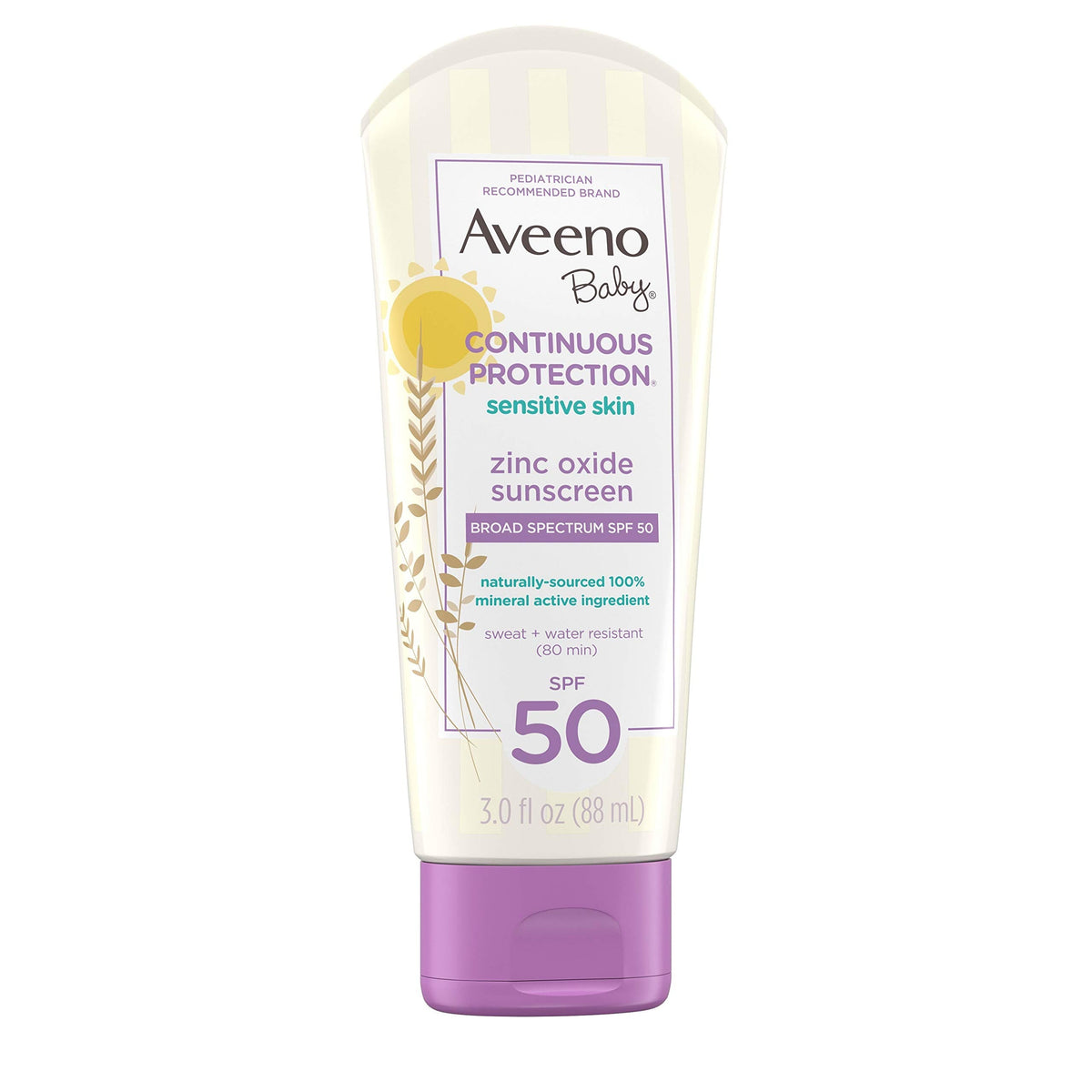 Aveeno Baby Continuous Protection Zinc Oxide SPF 50 Sunscreen for Babies with Sensitive Skin, Broad Spectrum Sun Protection, Tear-Free, Sweat- & Water-Resistant, No added Parabens, 3 Fl Oz Aveeno Baby