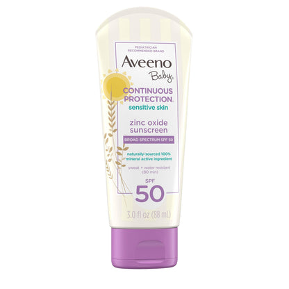 Aveeno Baby Continuous Protection Zinc Oxide SPF 50 Sunscreen for Babies with Sensitive Skin, Broad Spectrum Sun Protection, Tear-Free, Sweat- & Water-Resistant, No added Parabens, 3 Fl Oz Aveeno Baby