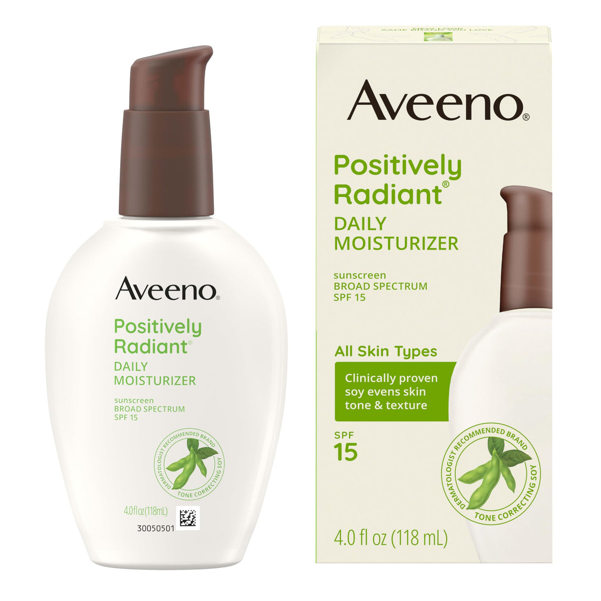 Aveeno Positively Radiant Daily Face Moisturizer with SPF 15 Sunscreen, Hydrating Face Lotion with Soy Extract to Improve Skin Tone and Texture, Hypoallergenic Formula, Oil-Free, 4 Fl Oz Aveeno
