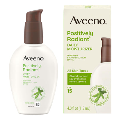 Aveeno Positively Radiant Daily Face Moisturizer with SPF 15 Sunscreen, Hydrating Face Lotion with Soy Extract to Improve Skin Tone and Texture, Hypoallergenic Formula, Oil-Free, 4 Fl Oz Aveeno