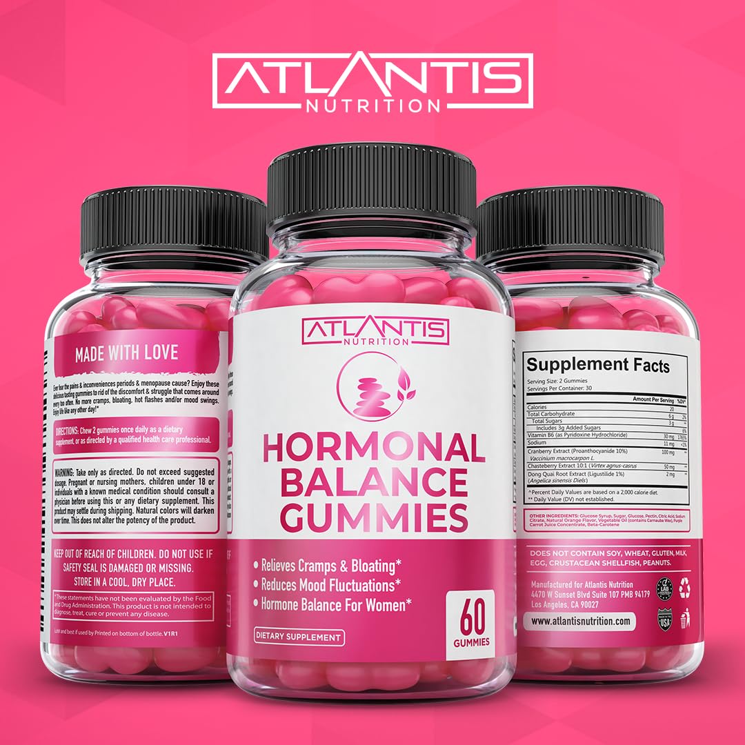 Atlantis Nutrition Hormonal Balance for Women & PMS Relief Gummies - Alleviates Cramps, Bloating, Mood Swings, Hot Flashes & Night Sweats - Cranberry, Dong Quai & Chasteberry Menstrual Cramp Relief Atlantis Nutrition buy australia supplements
