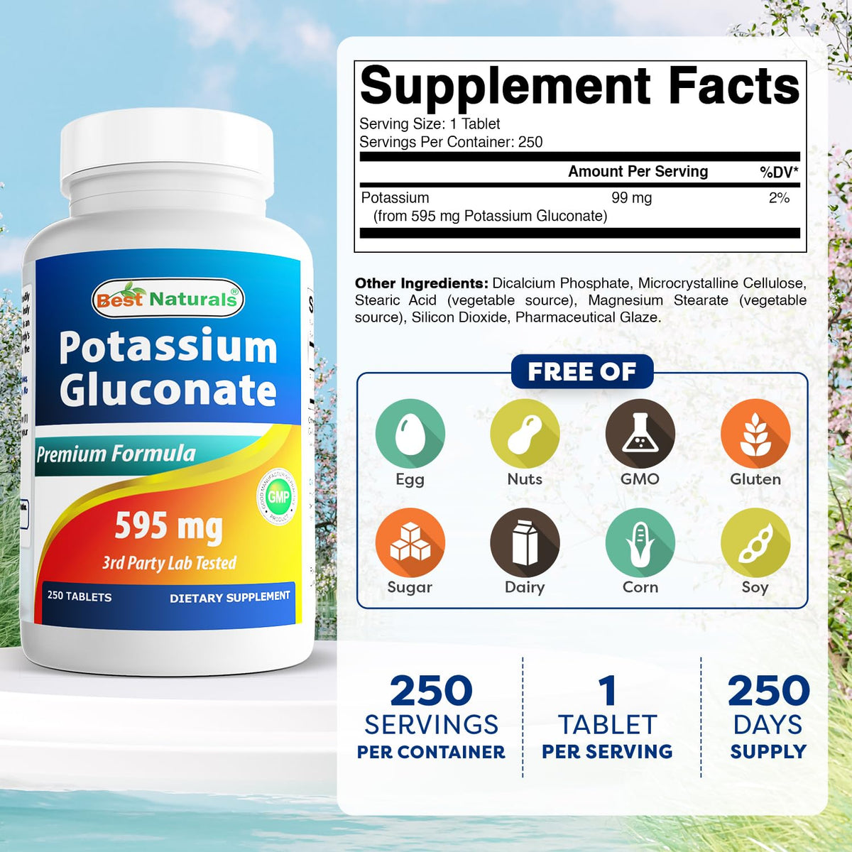 Best Naturals Potassium Gluconate Supplement 595 Mg Tablet, 250Count Best Naturals