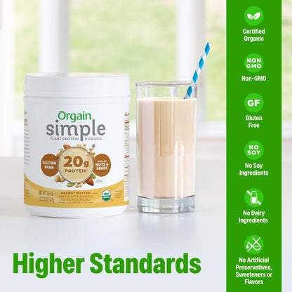 Orgain Organic Simple Vegan Protein Powder, Peanut Butter - 20g Plant Based Protein, With less Ingredients, No Artificial Sweeteners, Gluten Free, No Dairy or Lactose, 1.25 lb (Packaging May Vary) Orgain