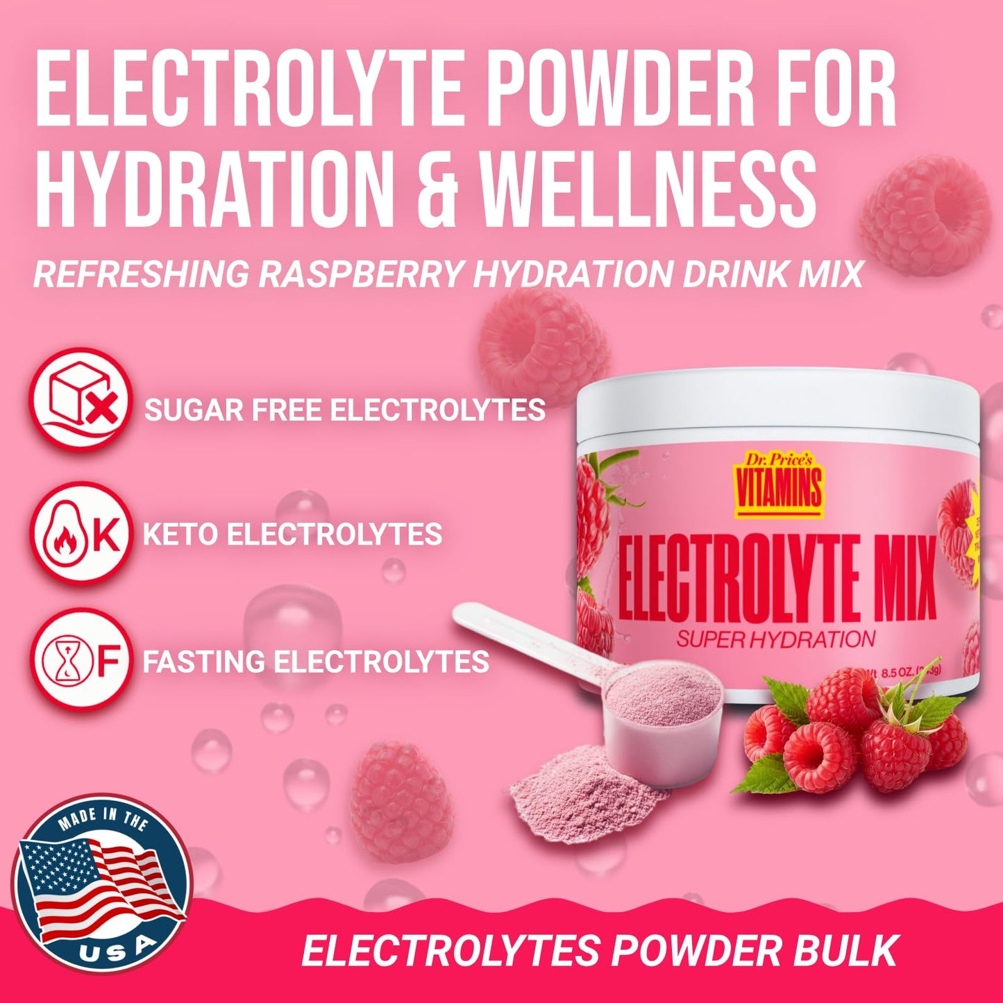 Dr. Price’s Electrolytes Powder Bulk – Raspberry, 90 Servings | Sugar Free Hydration Drink Mix with 72+ Trace Minerals, Manganese | Keto Electrolytes Dr. Price's Vitamins