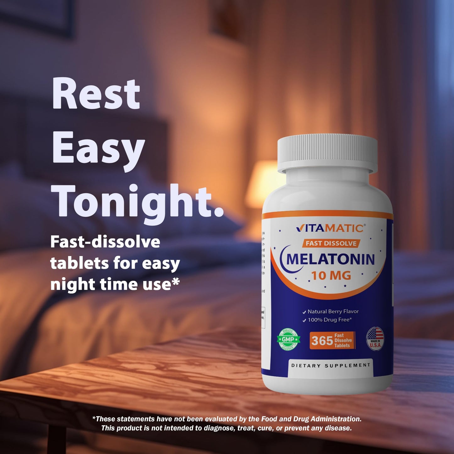 Vitamatic Melatonin 10 mg Fast Dissolve Tablets – Quick-Dissolving Sleep Support Supplement for Adults – Vegetarian, Non-GMO & Gluten-Free Vitamatic