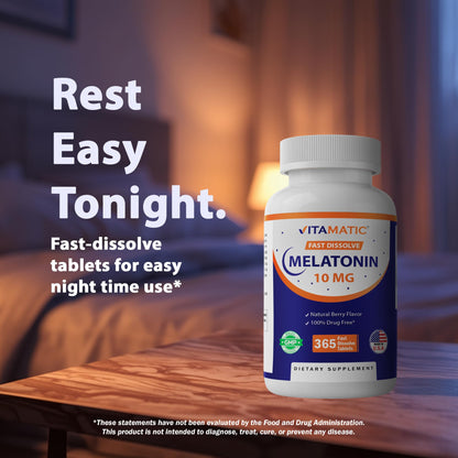 Vitamatic Melatonin 10 mg Fast Dissolve Tablets – Quick-Dissolving Sleep Support Supplement for Adults – Vegetarian, Non-GMO & Gluten-Free Vitamatic