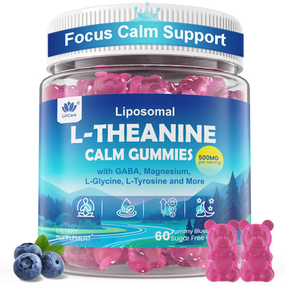 L Theanine Calm Gummies 500mg, Sugar-Free Liposomal L-Theanine Supplement, w/Safforn, Magnesium Glycinate, GABA, Ashwagandha, Algae Omega-3, Vitamin D3 B12 LILICARE
