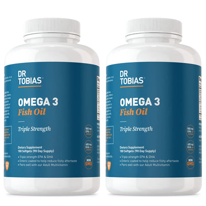Dr. Tobias Omega 3 Fish Oil 2000mg Triple Strength with 800mg EPA 600mg DHA Per Serving | Fish Oil Omega 3 Supplements for Heart Brain & Immune Support - 180 Softgels (90 Servings)