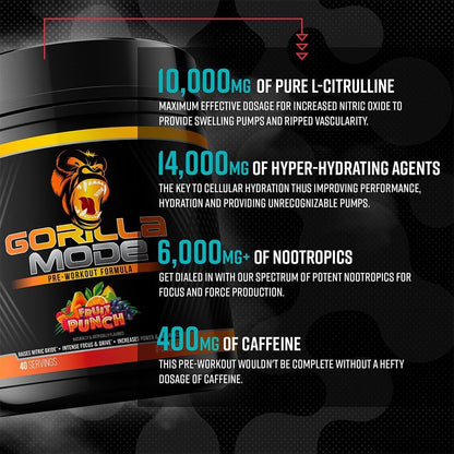 Gorilla Mode Pre Workout - Massive Pumps · Laser Focus · Energy · Power - L-Citrulline, Creatine, L-Tyrosine, Betaine, Hydroprime®, Alpha-GPC, 400mg Caffeine, Huperzine A - 792g (Rocket Frost)