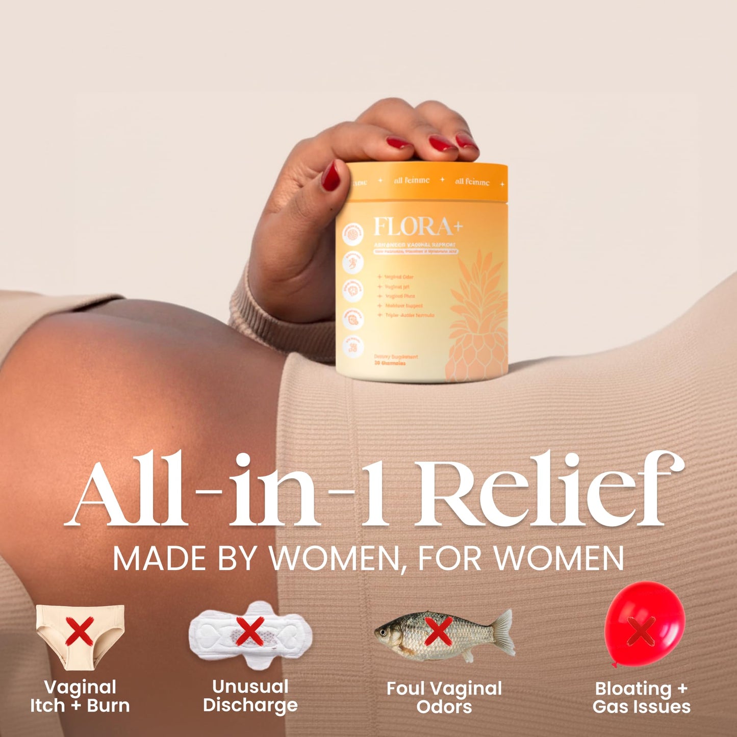 ALLFEMME Flora+ Women’s Vaginal Probiotic Gummies for pH Balance, Odor and Freshness Support with Prebiotics & Hyaluronic Acid ALLFEMME