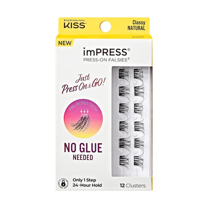 Kiss Impress Falsies Press On Self Adhesive Eyelashes, 10mm-12mm Natural Volume Press On Lashes, Black, No Glue Needed, Invisible Band, 12 Lash Clusters - Classy KISS