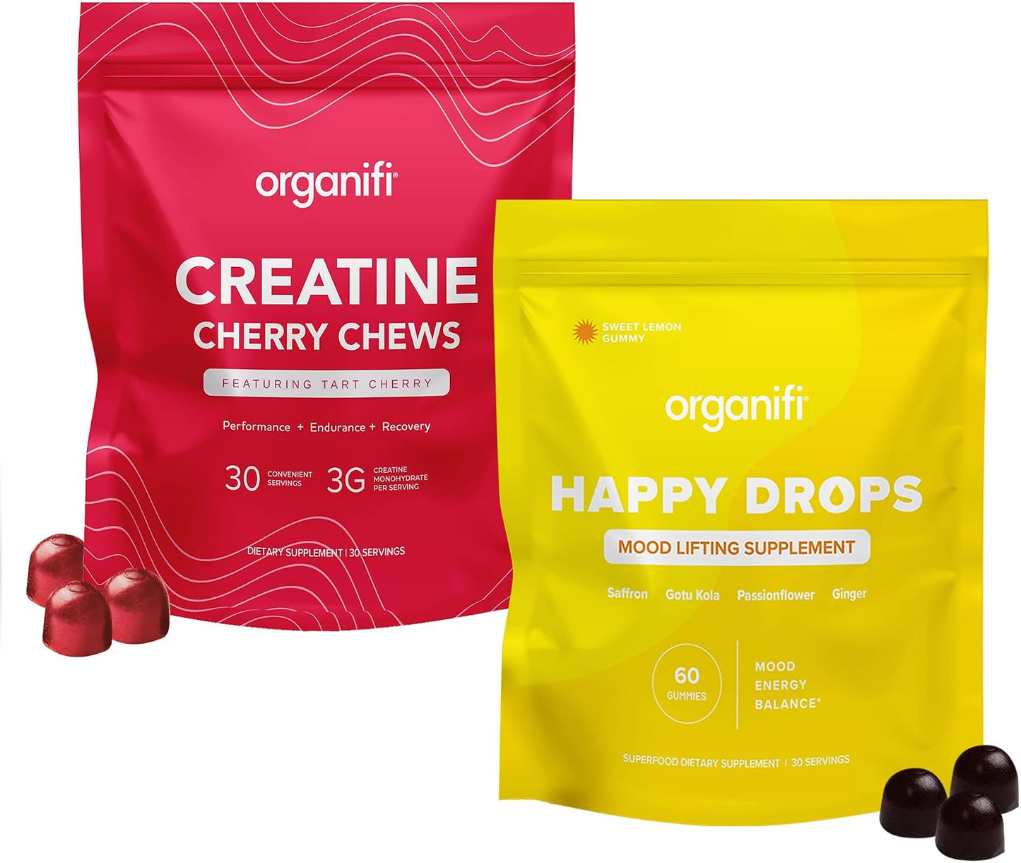 Organifi Strength and Mood Bundle - 30 Servings of Creatine Cherry Chews and Lemon Happy Drops - Delicious Creatine Monohydrate and Calming Saffron Gummies for Men and Women Gsupps Australia