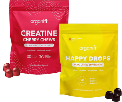 Organifi Strength and Mood Bundle - 30 Servings of Creatine Cherry Chews and Lemon Happy Drops - Delicious Creatine Monohydrate and Calming Saffron Gummies for Men and Women Gsupps Australia