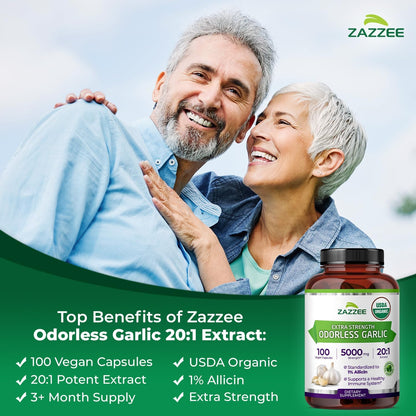 Zazzee USDA Organic Odorless Garlic 20:1 Extract, 1% Allicin, 100 Capsules | Vegan, 3+ Month Supply, Allium Sativum, Immune, Circulation & Heart Health Support, All-Natural, Non-GMO, Made in the USA Gsupps Australia