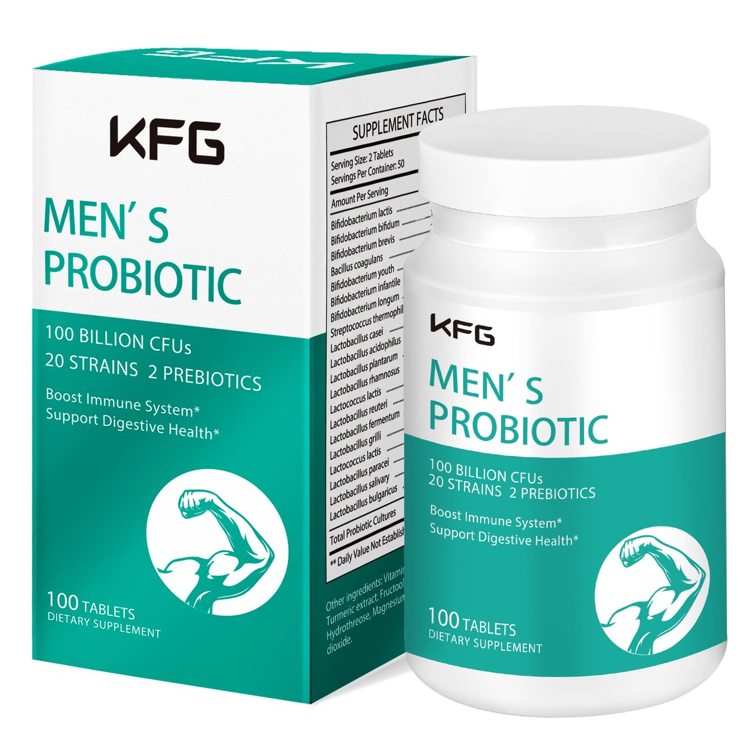 KFG Probiotic Supplement 100 Billion CFU, 20 Strains, 2 Prebiotics and Digestive Enzymes, Supports Digestion, Immune Support, Gut Health and Metabolism, Non-GMO, KFG