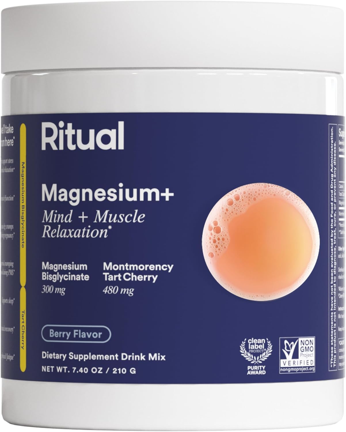 Ritual Magnesium+ Glycinate Drink Mix Supplement - with Tart Cherry to Support Calm, Sleep, Mind, Muscle Relaxation, Recovery and Cramping Relief** - Vegan - Sugar-Free - Berry - 30 Servings