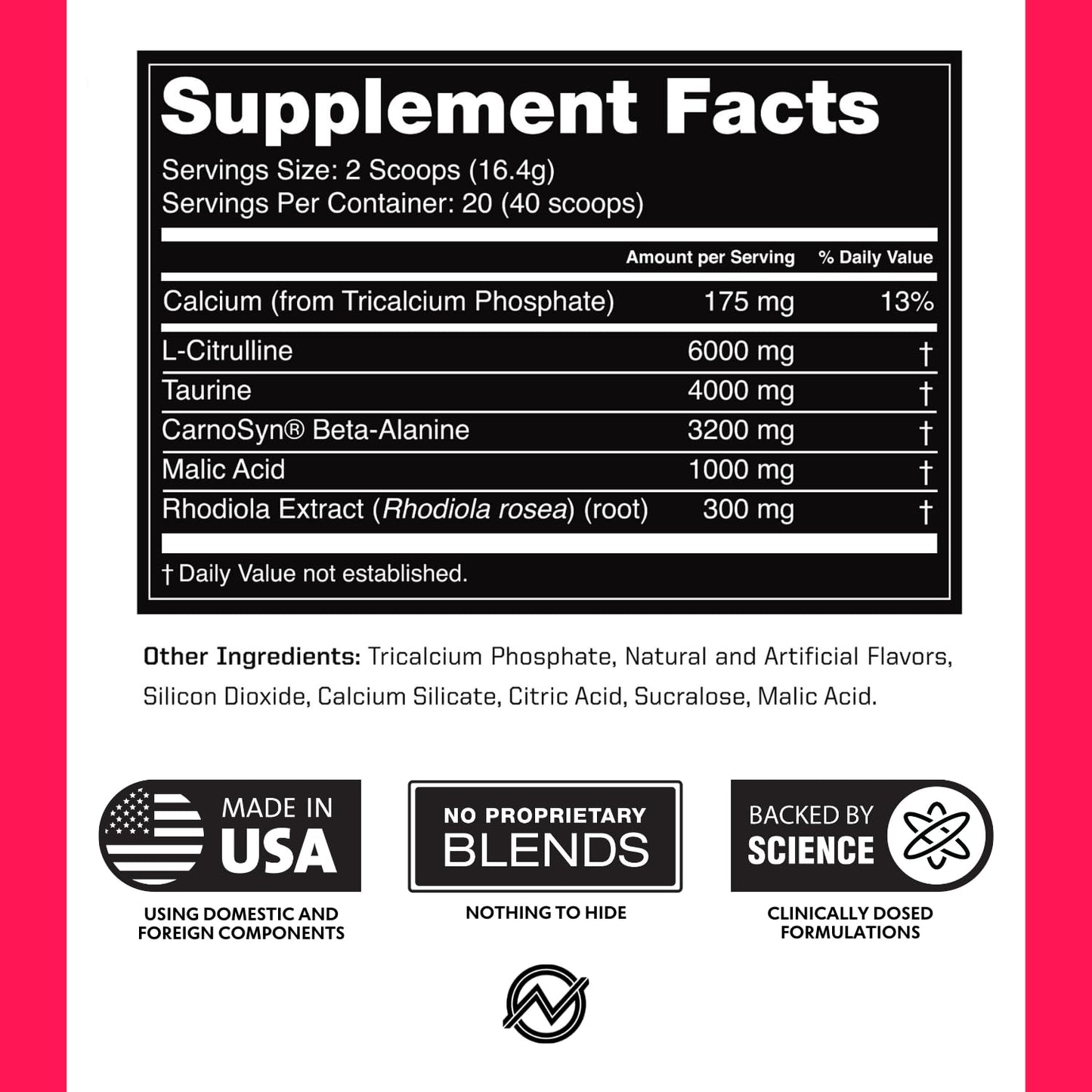 Outwork Nutrition Non-Stim Pre Workout Powder - Citrulline Malate, Beta-Alanine, Rhodiola Extract for Performance, Focus & Energy Boost - Preworkout for Men, Women (Caffeine Free, Tropical Candy)