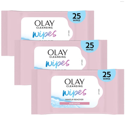 Olay Cleanse Makeup Remover Wipes, Rose Water Scent, Facial Cleansing Wipes Remove Makeup Dirt & Oil, Removes Waterproof Mascara, Soft Cloths for Eyes Face & Neck, No Greasy Residue, 25 Count, 3-Pack Olay