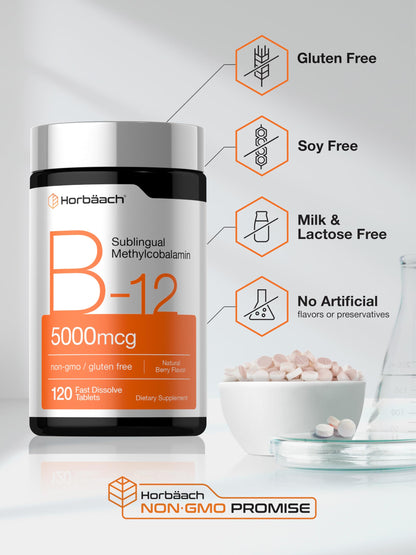 Horbäach B12 Vitamin 5000 mcg | 120 Fast Dissolve Tablets | Sublingual Methylcobalamin | Natural Berry Flavor | Vegan, Non-GMO Horbäach