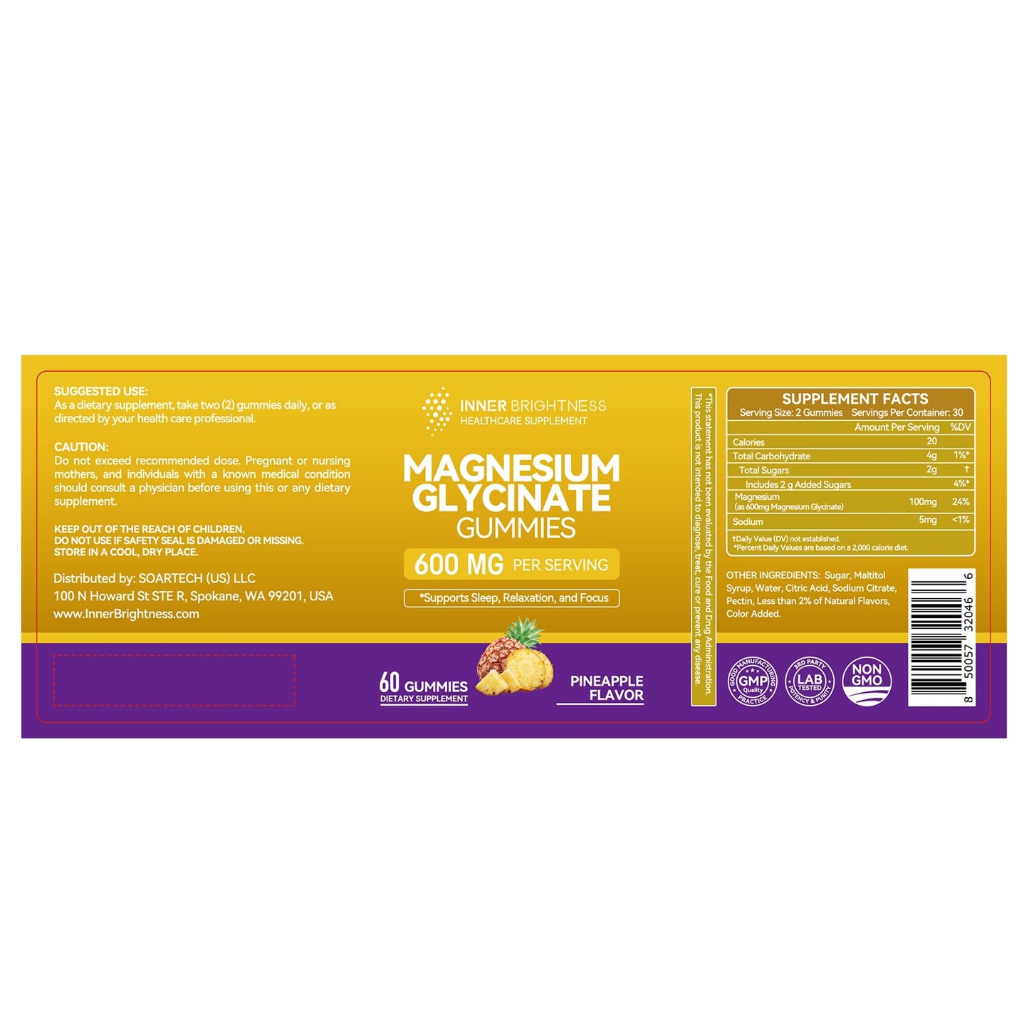 Magnesium Glycinate Gummies 600mg, Non-GMO, Gluten-Free, Magnesium Gummies for Adults & Kids, Sleep, Relaxation & Focus Inner Brightness