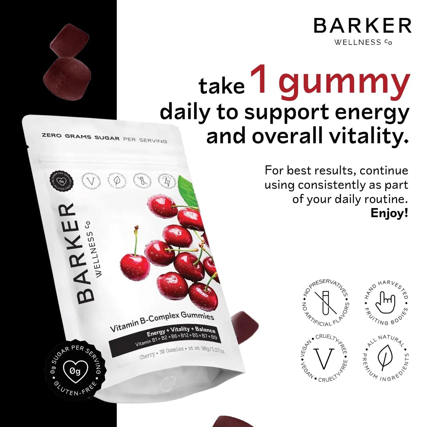 Barker Wellness Vegan B-Complex Gummies – Comprehensive Energy & Metabolism Boost with B1, B5, B6, B7 Biotin, B9 Folate, B12 Barker Wellness Co