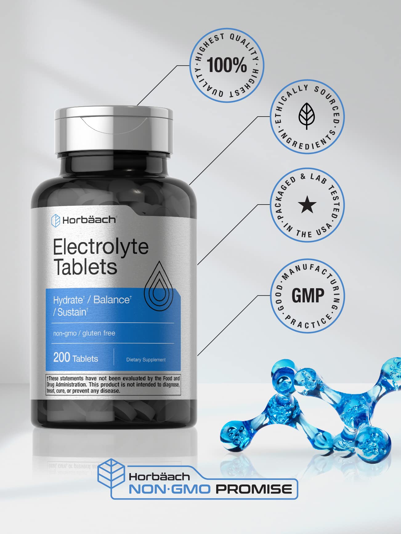Horbäach Electrolyte Tablets | 200 Count | Helps Hydrate, Balance, & Sustain | with Calcium, Magnesium, Chloride, Sodium and Potassium | Vegetarian, Non-GMO & Gluten Free Horbäach buy australia supplements