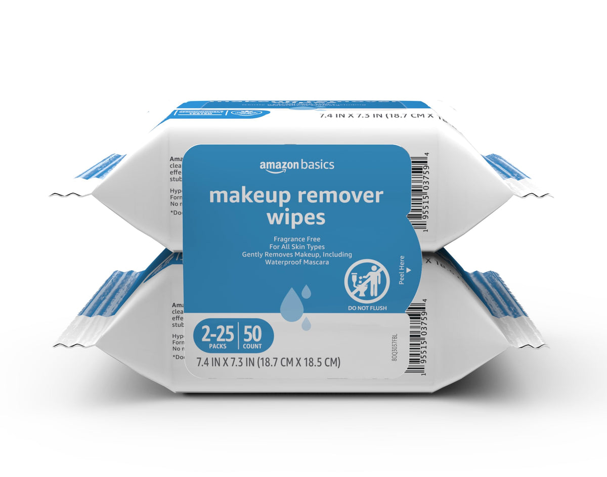 Amazon Basics Makeup Remover Wipes, Formulated without Fragrance and Alcohol-Free, Gentle Cleansing, Removes Waterproof Mascara, Dermatologist Tested, 25 Count, Pack of 2 Amazon Basics