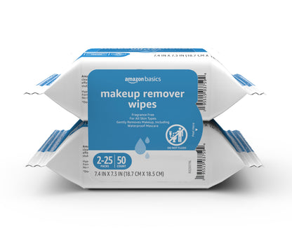 Amazon Basics Makeup Remover Wipes, Formulated without Fragrance and Alcohol-Free, Gentle Cleansing, Removes Waterproof Mascara, Dermatologist Tested, 25 Count, Pack of 2 Amazon Basics