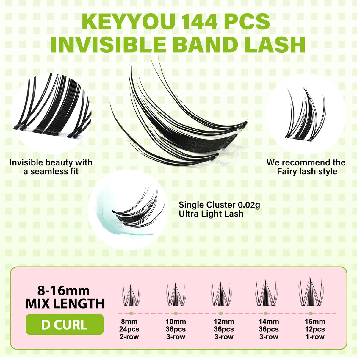 KEYYOU Fairy Lash Clusters Soft Invisible Band Manga Lashes D Curl 8-18MIX KEYYOU
