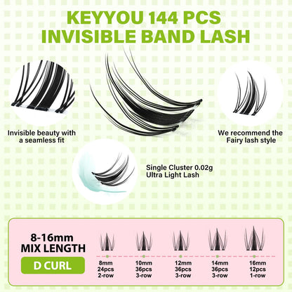 KEYYOU Fairy Lash Clusters Soft Invisible Band Manga Lashes D Curl 8-18MIX KEYYOU