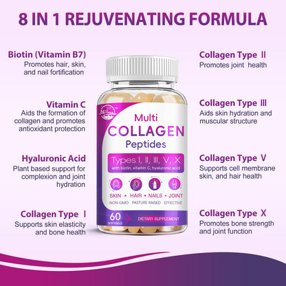 Multi Collagen Peptides Softgel - Type I, II, III, V, X - Hydrolyzed Collagen Peptides with Biotin, Vitamin C, Hyaluronic Acid, Supports Skin Hair Nail Nature's live