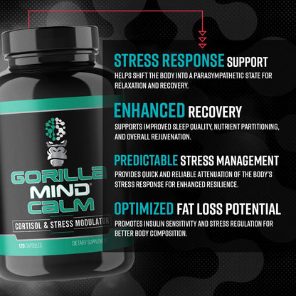 Gorilla Mind Calm (120 Capsules) - Potent Relaxation & Stress Reduction | Cortisol & Stress Modulator | Enhanced Recovery